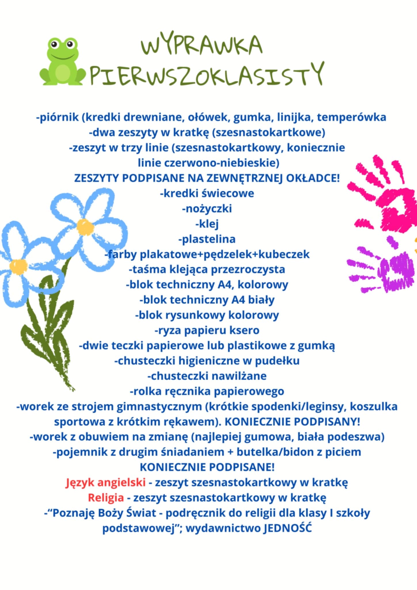 Plakat informujący o wyprawce dla pierwszej klasy.